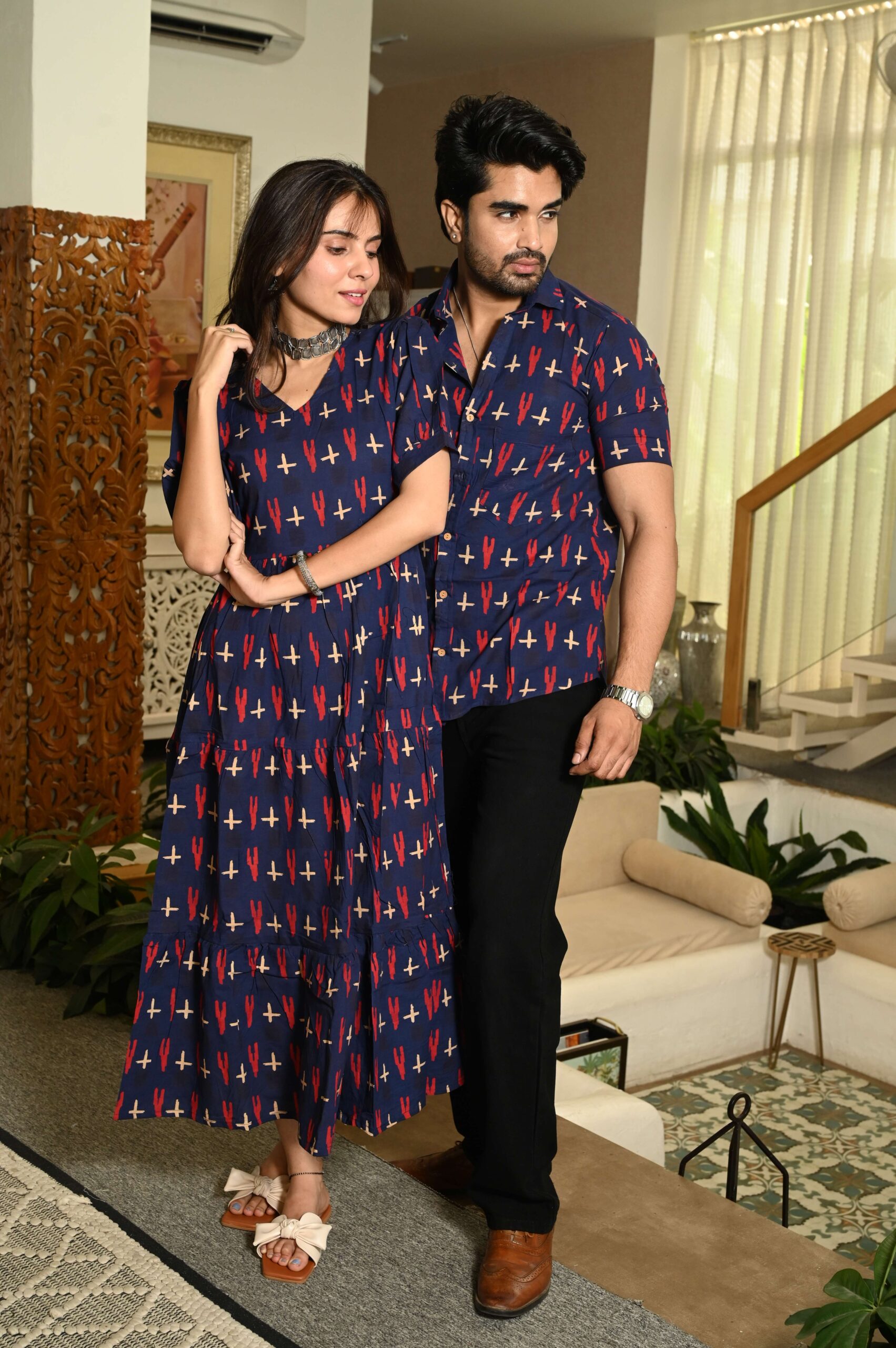 Couple Matching Navy Blue Cotton Printed Anarkali Midi Dress & Shirt Set ? Casual & Festive Wear - Image 2