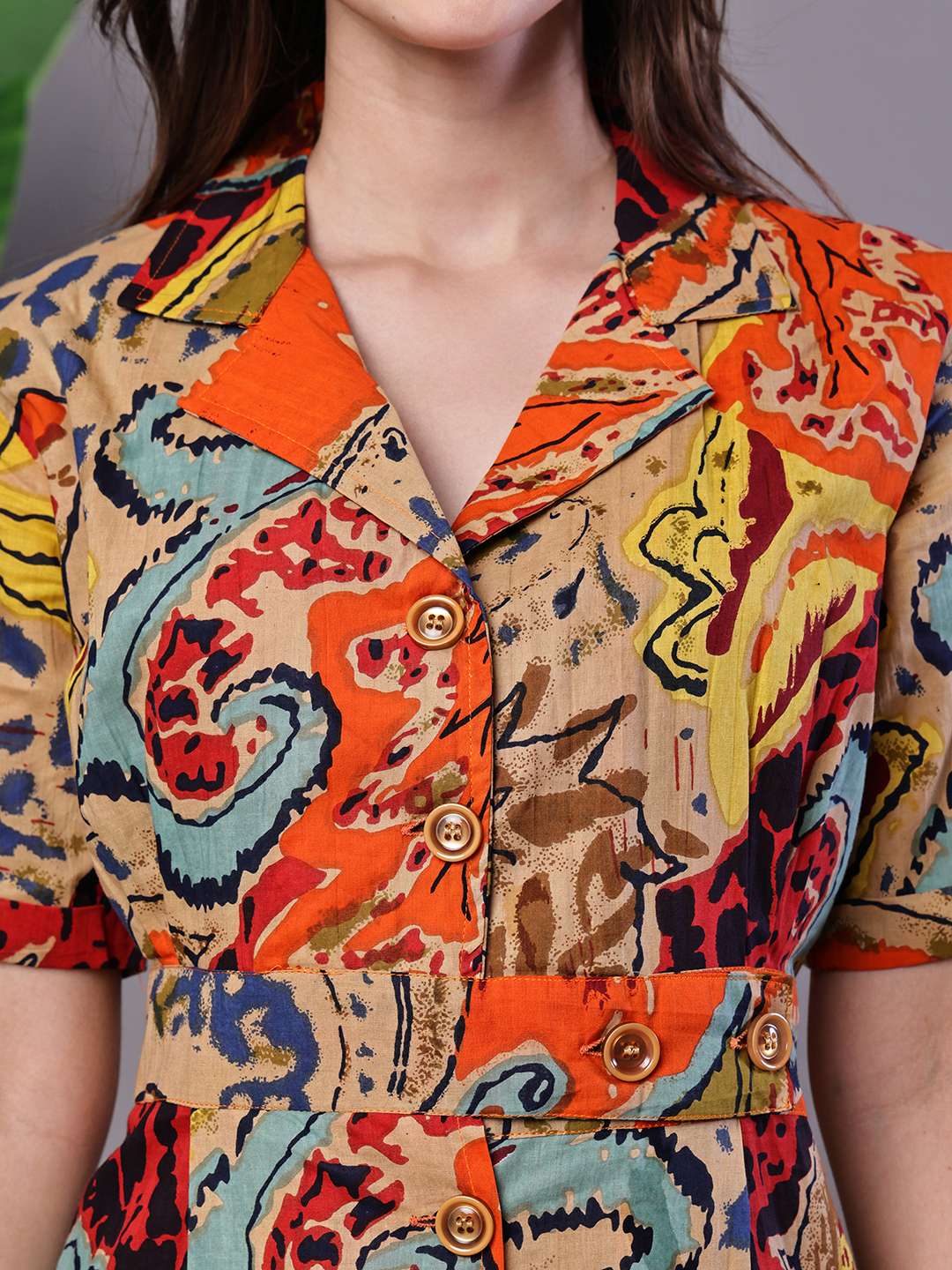 Women's Bohemian Chic Multi-Color Paisley Print Cotton Collared Midi Dress - Image 5