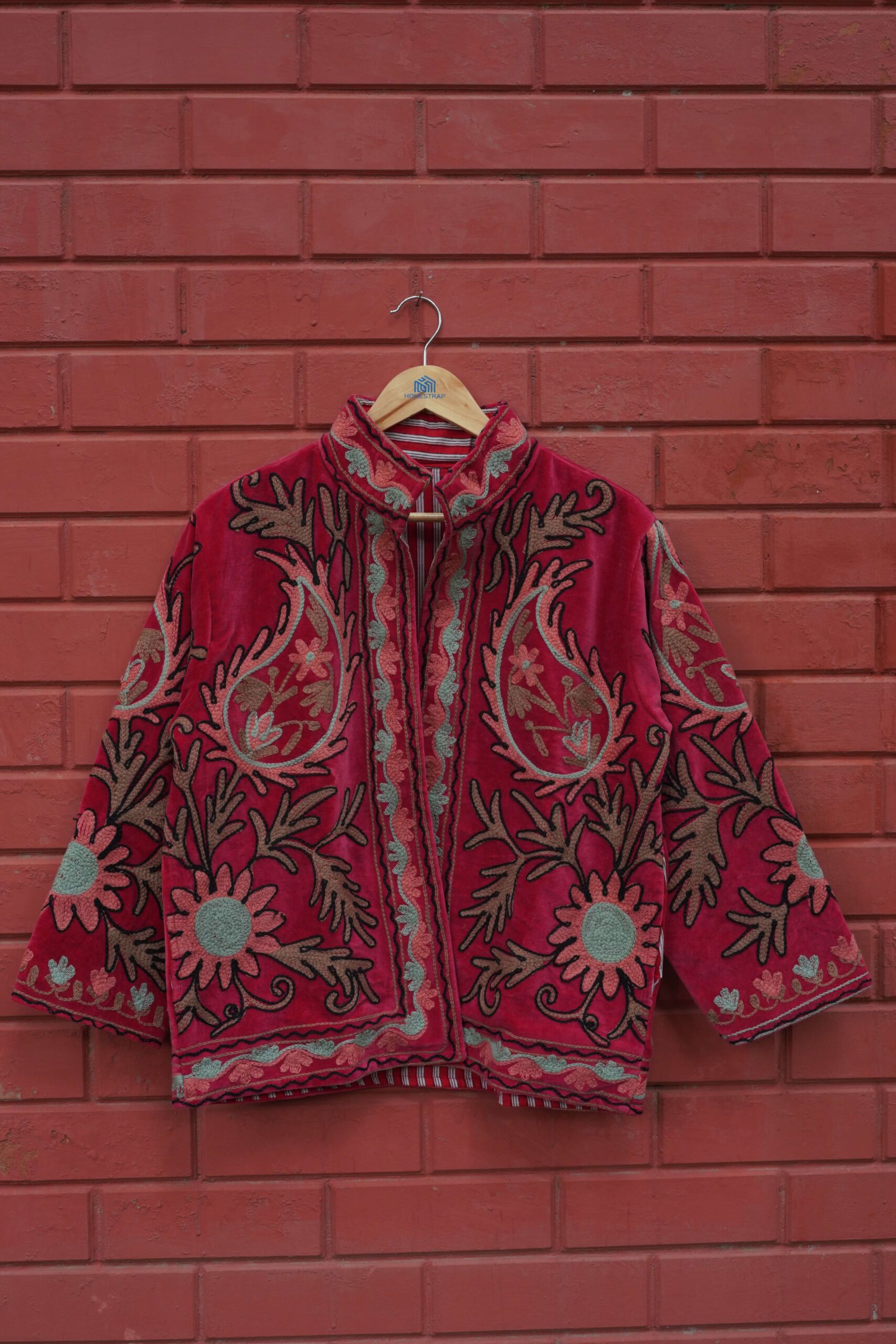 Womens Red Velvet Embroidered Jacket with Floral Design - Image 7